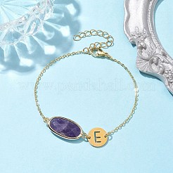 天然アメジストのファセットオーバルリンクブレスレット  女性用ステンレススチール中空文字E真鍮アズキチェーンブレスレット  ゴールドカラー  7-3/4インチ（19.7cm）&nbsp;BJEW-JB10263-02