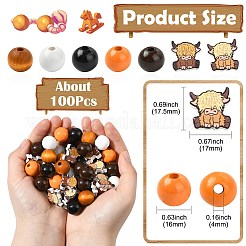 牛と丸い木製ビーズ  ジュートコード付き  ミックスカラー  16~17.5x16~17x6~16mm  穴：2~4mm  100pc&nbsp;WOOD-CJ0002-31