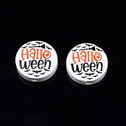 ハロウィンプリント天然木ビーズ  バット＆ワードハロウィンでフラットラウンド  レッドオレンジ  19~20x5.9mm  穴：2~2.2mm&nbsp;WOOD-T021-79