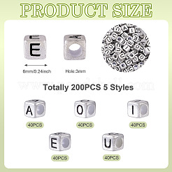 200種類のスタイルのメッキアクリルビーズ5個  水平穴  文字付きのキューブ  アンティークシルバーメッキ  6mm  穴：3mm  40個/スタイル&nbsp;UNKW-TA0001-01