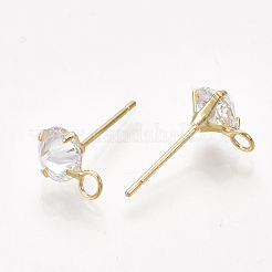 真鍮製スタッドピアスパーツ  キュービックジルコニアとループ  透明  18KGP本金メッキ  10x6.5mm  穴：2mm  ピン：0.8mm&nbsp;X-KK-T035-123G