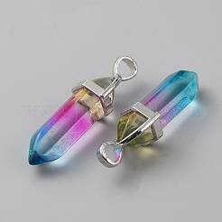 透明ガラス二重端子尖ったペンダント  弾丸チャーム  白金合金パーツ  スミレ  40~42x13.5x10mm  穴：4x6mm&nbsp;G-WH0016-41K