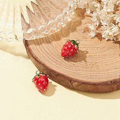 2個真鍮エナメルチャーム  模造果物  ライトゴールド  ストロベリーチャーム  暗赤色  13x11x10mm  穴：1.2mm&nbsp;KK-YW0001-79