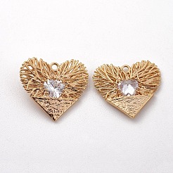 真鍮製透かしペンダント  18KGP本金メッキ  キュービックジルコニア付き  ハート  透明  17.5x19x4mm  穴：1.4mm&nbsp;X-KK-T038-433G