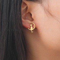 女性用304ステンレススチールスタッドピアス  猫とムーン  ゴールドカラー  17.5x13mm&nbsp;EJEW-F320-03G