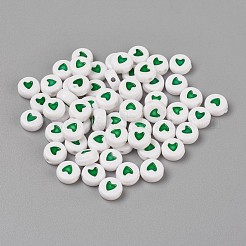 アクリルエナメルビーズ  ハート付きフラットラウンド  グリーン  6x3.5mm  穴：1.5mm&nbsp;OACR-WH0003-04B