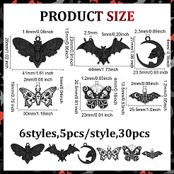 30個6スタイルハロウィンアロイエナメルペンダント  コウモリと月と蛾と蝶  ミックスカラー  13.5~27x23~44x1~5mm  穴：1.2~2.5mm  5個/スタイル&nbsp;ENAM-ME0001-26