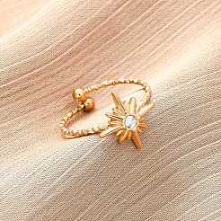 304ステンレススチールラインストーンカフリング  スター  ゴールドカラー  13x13mm  内径：18mm&nbsp;RJEW-D306-23G