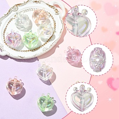 10 個の UV メッキ透明レインボー虹色アクリルビーズ  王冠とハート  ミックスカラー  24.5x21.5x14mm  穴：3mm&nbsp;OACR-YW0003-59