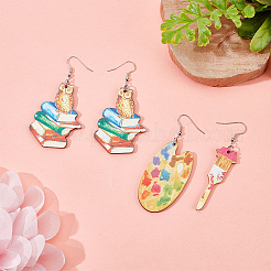 2 Pair 2 Style Book & Brush & Palette Single Face Printed Wood Dangle Earrings&nbsp;EJEW-AN0002-74