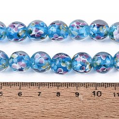 手作りランプワークビーズ連売り  ラウンド  インナー花と  ディープスカイブルー  11.5~12.5mm  穴：1.2~1.6mm  約30個/連  12.40~13.19インチ（31.5~33.5cm）&nbsp;LAMP-Q041-08C