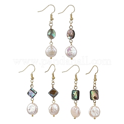 Geometric Shape Abalone Shell/Paua Shell & Natural Keshi Pearl Dangle Earrings for Women&nbsp;EJEW-JE07338