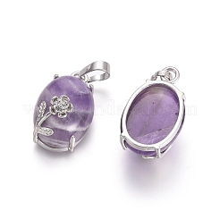 天然石アメジストペンダント  プラチナトーンの真鍮パーツ  花とオーバル  22x13.8x10.3mm  穴：6x3.5mm&nbsp;G-L512-I21