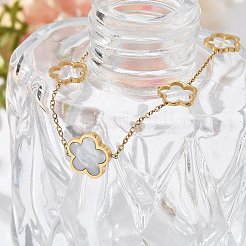 イオンプレーティング（IP）304ステンレススチールリンクブレスレット  女性用アズキチェーンジュエリー  エナメル  花  ホワイト  7-1/8インチ（18cm）&nbsp;BJEW-P345-11G-01