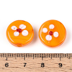 手作りランプワークビーズ  花付きフラットラウンド  オレンジ  16~16.5x7~9mm  穴：1.2~1.8mm&nbsp;LAMP-ZX003-10-02