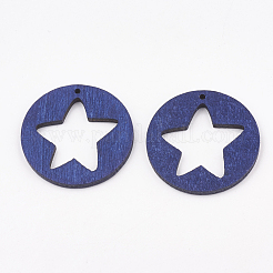 ペアウッドペンタクルペンダント  染め  スターとフラットラウンド  ダークブルー  30x3mm  穴：2mm&nbsp;WOOD-T010-08C