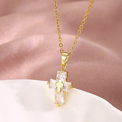 304 Stainless Steel Pave Clear Cubic Zirconia Religion Cross Pendant Necklaces for Women&nbsp;WG89AFA-01