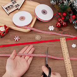 25ヤードのクリスマスストライプポリエステルグログランリボン  衣類用アクセサリー  レッド  3/8インチ（10mm）&nbsp;OCOR-WH0090-96