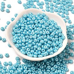 ベーキングペイント 光沢ガラス シードビーズ  ドーナツ  シアン  4x2.5mm  穴：1mm  6205個/ポンド&nbsp;SEED-B001-04A-03