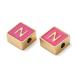 304ステンレススチールエナメルビーズ  14KGP本金メッキ  文字のある正方形  文字N  8x8x4mm  穴：2mm&nbsp;STAS-L022-293G-N