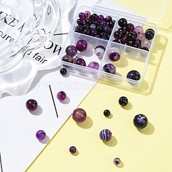 4 スタイルの天然縞瑪瑙/縞瑪瑙ビーズ連売り  染め  ラウンド  青紫色  6~12mm  穴：1mm&nbsp;G-YW0001-85