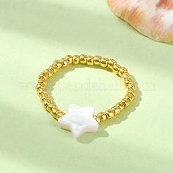 天然シェル＆トーホーラウンドシード編み込みビーズ風フィンガーリング  スター  内径：16mm  星：8.5x8.6mm&nbsp;RJEW-JR00599-04