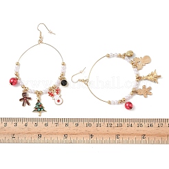 クリスマステーマ合金エナメルダングルピアス  プラスチック製のビーズと  クリスマスツリー  ゴールドカラー  93x52mm&nbsp;LS-EJEW-B068-01G-01