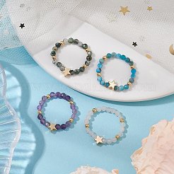 Round Natural Apatite & Green Aventurine & Amethyst & Moss Agate Beads Stretch Rings for Women&nbsp;RJEW-JR00714-02