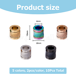 10個 5色 304ステンレススチール 艶出しヨーロピアンビーズ  大穴ビーズ  コラム  ミックスカラー  10x10mm  穴：6mm  2個/カラー&nbsp;STAS-HS0001-01