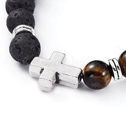 Natural Lava Rock & Tiger Eye Beads Adjustable Braided Bracelets&nbsp;BJEW-JB04987-02
