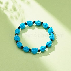 Natural Mashan Jade Skull & Synthetic Turquoise(Dyed) Beaded Stretch Bracelet&nbsp;BJEW-JB08377-04