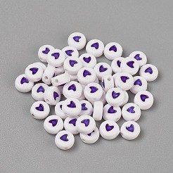 アクリルエナメルビーズ  ハート付きフラットラウンド  紫色のメディア  6x3.5mm  穴：1.5mm&nbsp;LS-OACR-WH0003-04G