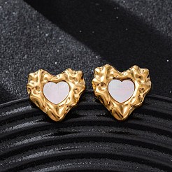 304 Stainless Steel Natural White Shell Stud Earrings&nbsp;EJEW-Z103-06G-02