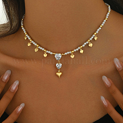 Round Shell Pearl Beaded Brass Pave Clear Cubic Zirconia Heart Pendant Necklaces for Women&nbsp;VQ1969-2