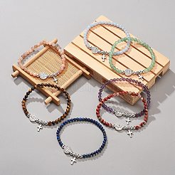 7Pcs 7 Style Natural Mixed Gemstone & Alloy Saint Benedict Medal Beaded Stretch Bracelets Set&nbsp;BJEW-JB08877