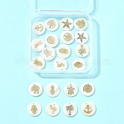 22個11スタイルの天然淡水シェルペンダント  金属スライスが付いたフラットラウンド  混合図形  ゴールドカラー  16x3.5~4mm  穴：1.2mm  2個/スタイル&nbsp;SHEL-FS0001-14