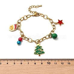 クリスマステーマの304ステンレススチール製チャームブレスレット（女性用）  クリスマスツリーとサンタクロース  プラスチックとエナメルを使用  ゴールドカラー  6-5/8インチ（16.8cm）&nbsp;BJEW-Z142-05G