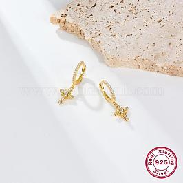 キュービックジルコニアクロスダングルフープピアス女性用  スターリングシルバージュエリー925個  18KGP本金メッキ  22x11mm