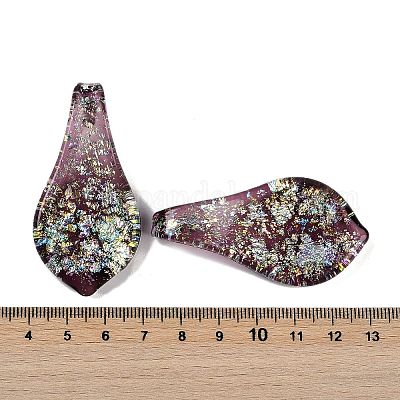 ランプワークの大きなペンダント  ホイル付き  葉  ミックスカラー  57~60x29x10.5mm  穴：6.5x4.5mm&nbsp;FOIL-K003-01-1