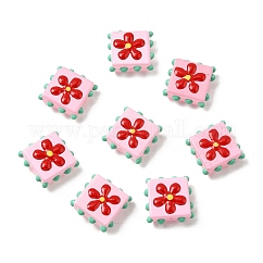 Handmade Lampwork Enamel Beads, Bumpy Square with Flower, Pink, 17.5x17.5x7mm, Hole: 1~1.5mm