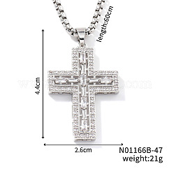 Brass Crystal Rhinestone Shiny Cross Pendant Box Chain Necklaces, Platinum, 23.62 inch(60cm)