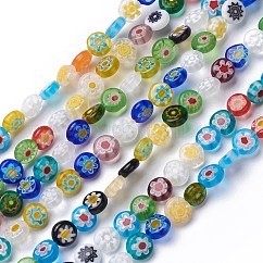 フラットラウンド手作りミッレフィオーリガラスビーズ  ミックスカラー  8x3mm  穴：0.5mm  約48個/連  14.1インチ