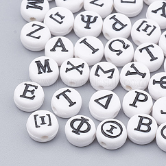 Acrylic Beads, Flat Round with Greek Alphabet, Mixed, 7x4mm, Hole: 1.5mm, about 3700pcs/500g