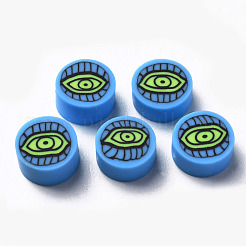 手作り樹脂粘土ビーズ  目でフラットラウンド  スチールブルー  9~10x4~5mm  穴：1.8mm&nbsp;CLAY-N008-045H