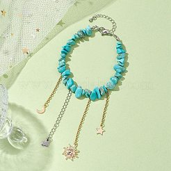 合成ターコイズチップビーズブレスレット  女性用サンハート真鍮チャームブレスレット  ゴールドカラー  7-1/2インチ（19cm）&nbsp;AJEW-JB01221
