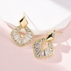 Rhombus Brass Micro Pave Clear Cubic Zirconia Dangle Stud Earrings&nbsp;EJEW-F373-02G