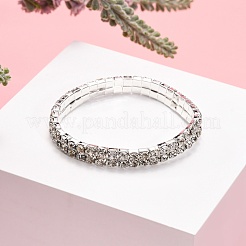 ガールフレンドの結婚式のダイヤモンドのブレスレットのバレンタインデーに贈り物  2行ストレッチラインストーンブレスレット  真鍮  銀色のメッキ  約7.5~8 mm幅  5センチ内径&nbsp;B115-2