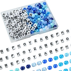 透明＆不透明アクリルビーズ  樽と立方体の文字  ディープスカイブルー  7~9x7~9x6~7mm  穴：3.5~3.8mm&nbsp;KY-FS0001-26E