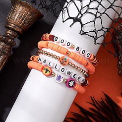 5個 5スタイル ハロウィン 合成非磁性ヘマタイト&ポリマークレイビーズストレッチブレスレットセット  コウモリとカボチャの重ね付けブレスレット  オレンジ  内径：2-1/8インチ（5.5cm）  1個/スタイル&nbsp;BJEW-JB10733