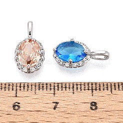 キュービックジルコニアペンダント付き真鍮  楕円形のチャーム  プラチナメッキ  15x8x4mm  穴：3.5mm&nbsp;KK-T073-34P